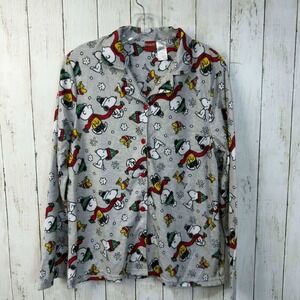 Peanuts Women's Snoopy Christmas Pajama Top Gray Holiday Sleep Shirt Size M